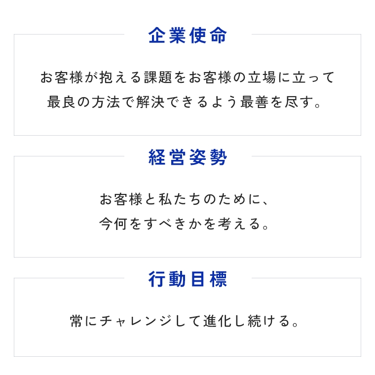 企業理念 企業使命:お客様が抱える課題を
        お客様の立場に立って最良の方法で解決できるよう最善を尽す。 経営姿勢:お客様と私たちのために、今何をすべきかを考える。 行動目標:常にチャレンジして進化し続ける。